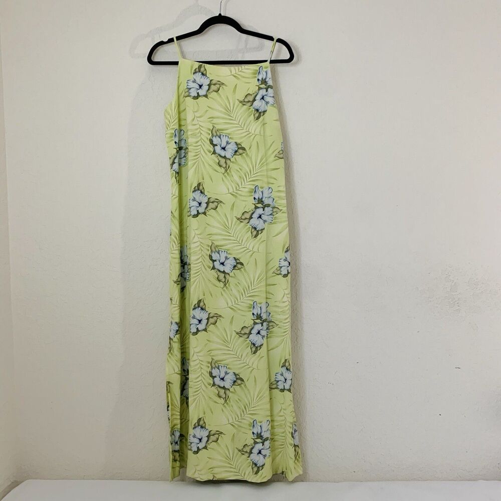 Vintage Tommy Bahama Maxi Dress 6 Hibiscus Hula Silk Linen Green Tropical Floral